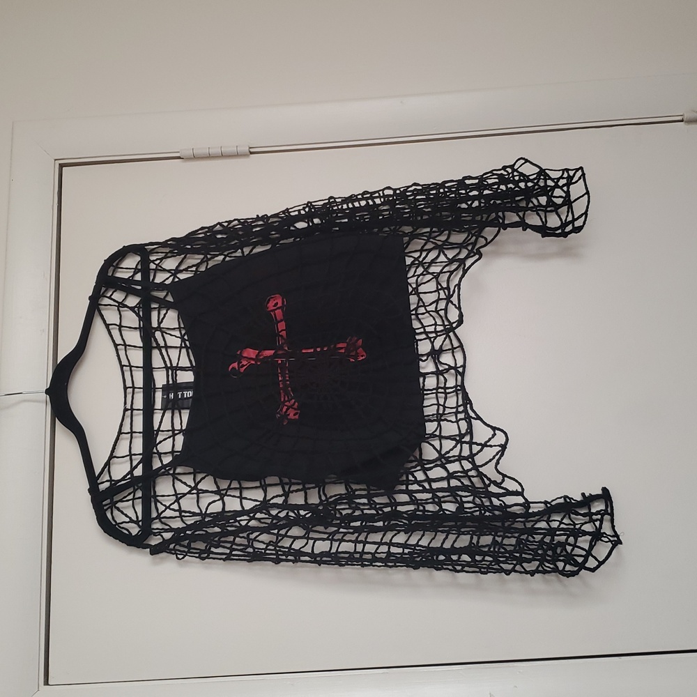 Hot Topic Black and Red Mesh Crop Top